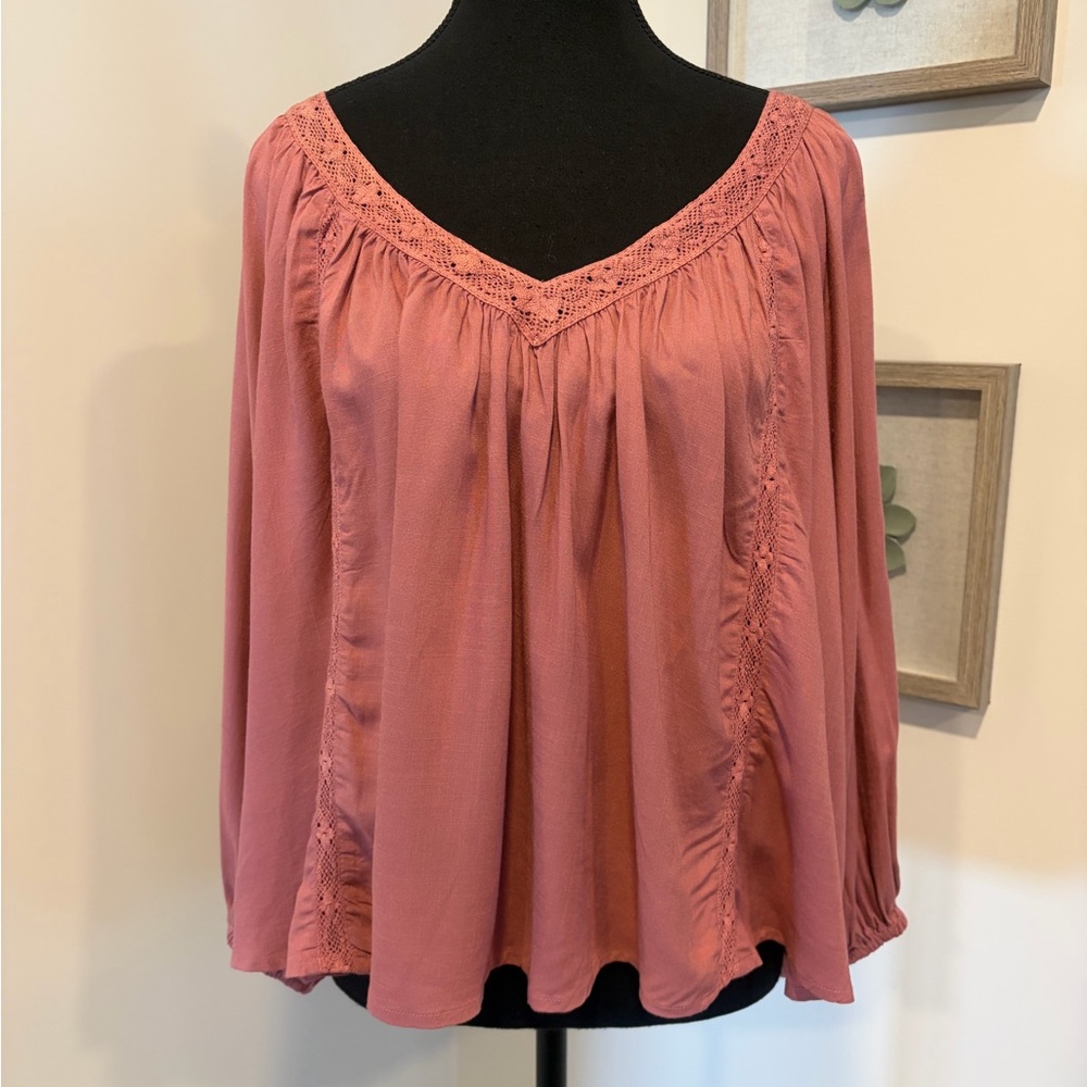 Saltwater LUXE Rose Pink Crochet Lace Trim Flowy Boho Balloon Sleeve Blouse NWT!